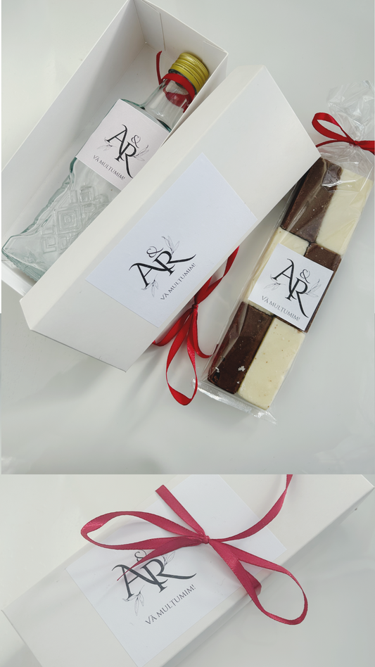 🍫 Pachetul compact cu ciocolată și sticlă pentru băutură